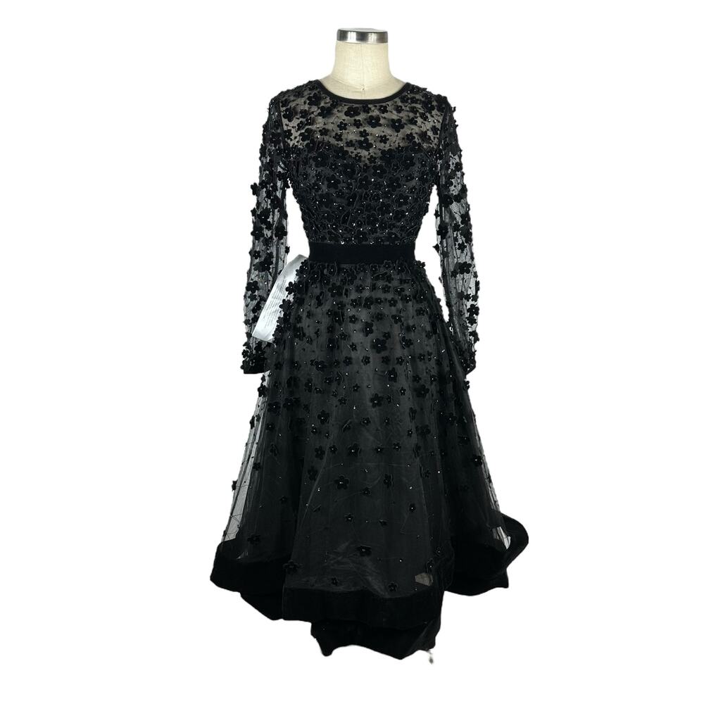 MAC DUGGAL 67007 Black Floral Embellished Illusion High Neck Fit Flare Dress 0